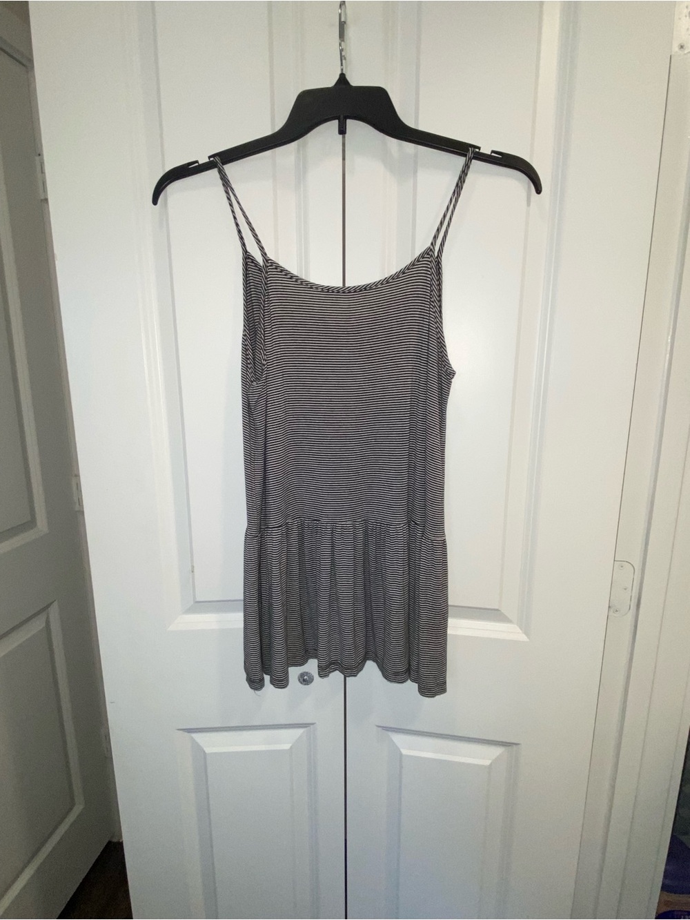 Final Touch Black and White Striped Spaghetti Strap Peplum Camisole